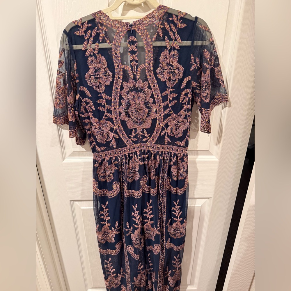 Embroidered Maxi Navy Dress with Dusty Rose Floral Detail - Picture 2 of 4